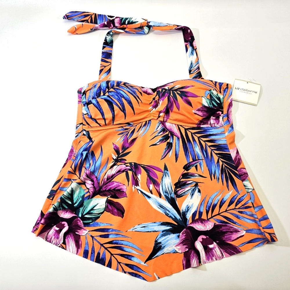 Liz Claiborne Tankini Top Womens 10 Orange Floral Halter Handkerchief Hem NWT